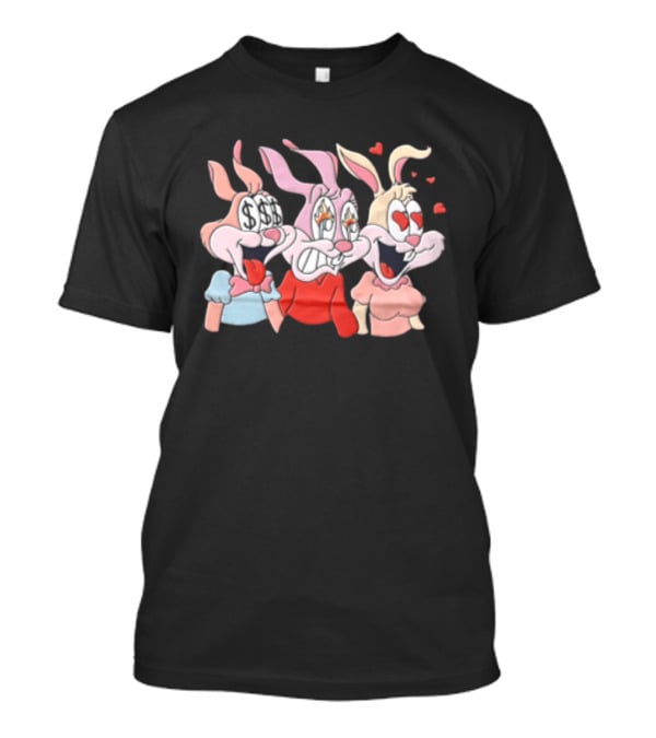 Three Cartoon Female Rabbits Dollar Signs Fire Heart Eyes Expressions T-Shirt