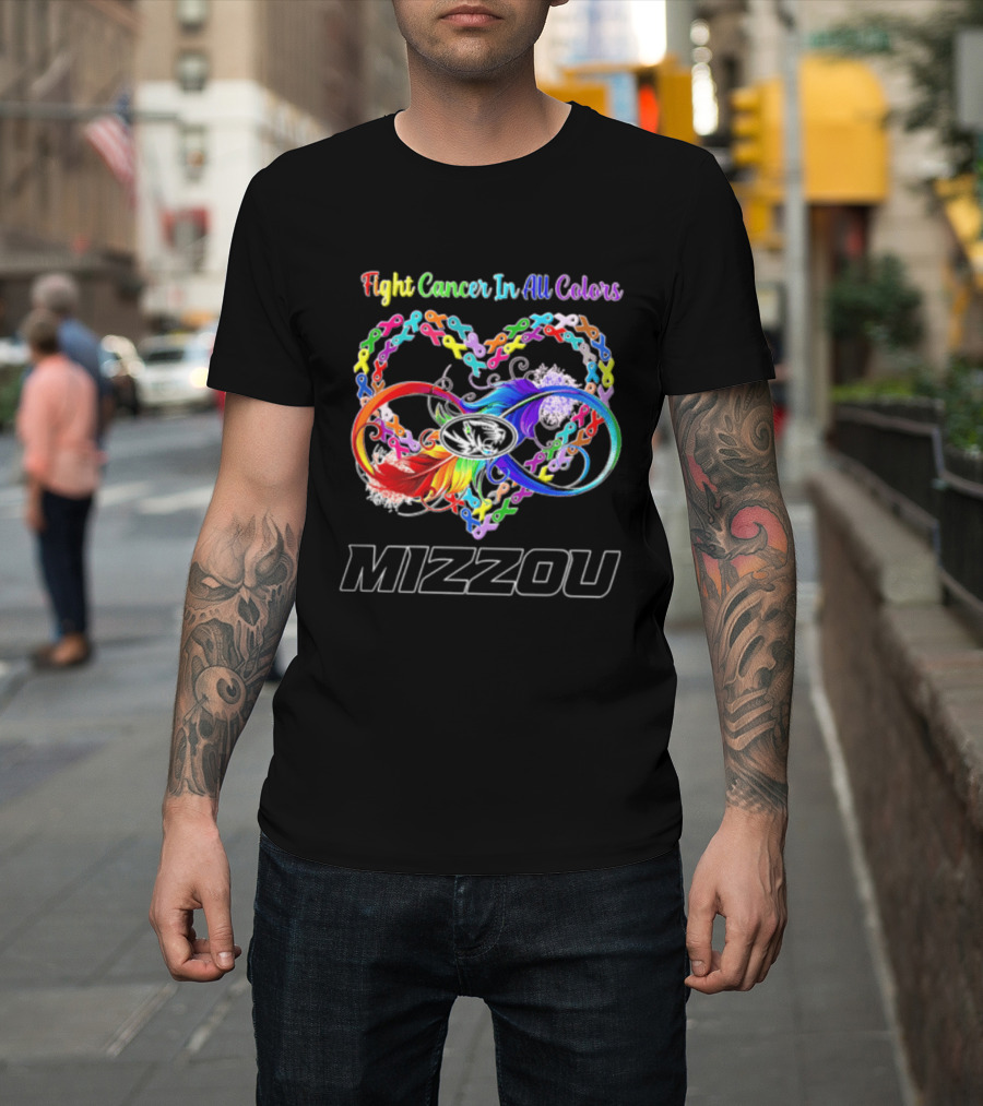 Mizzou Fight Cancer In All Colors Heart Infinity Ribbon Rainbow Feather T-Shirt