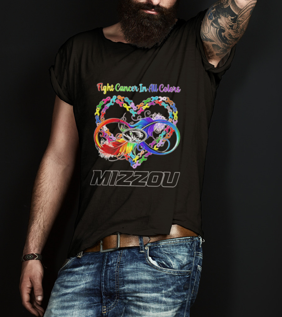 Mizzou Fight Cancer In All Colors Heart Infinity Ribbon Rainbow Feather T-Shirt