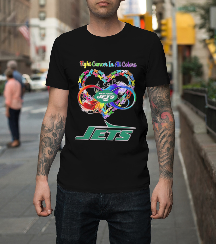 New York Jets Fight Cancer Rainbow Ribbons Infinity Heart Feather T-Shirt