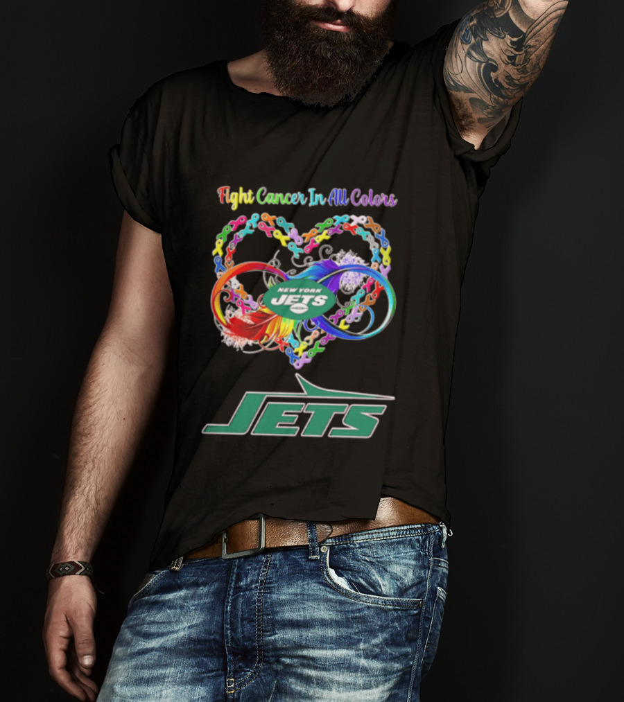 New York Jets Fight Cancer Rainbow Ribbons Infinity Heart Feather T-Shirt
