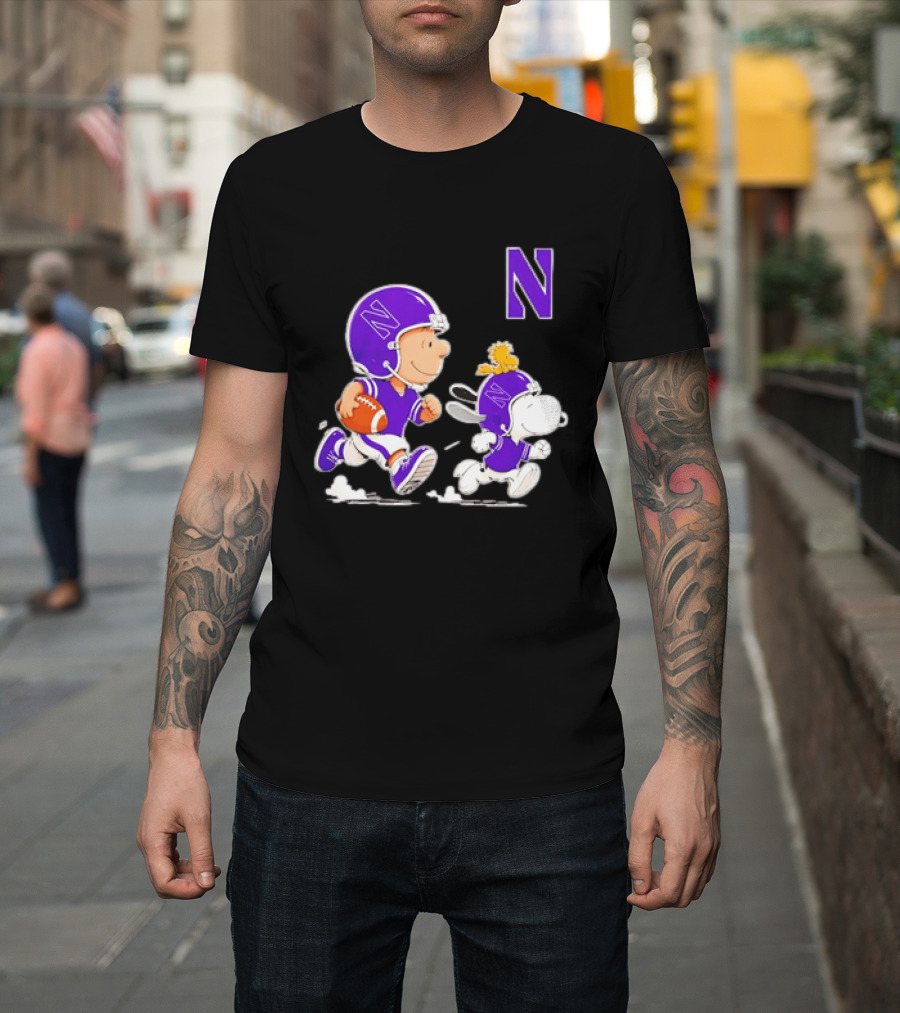 Northwestern Wildcats Charlie Brown Woodstock Snoopy Football Running T-Shirt