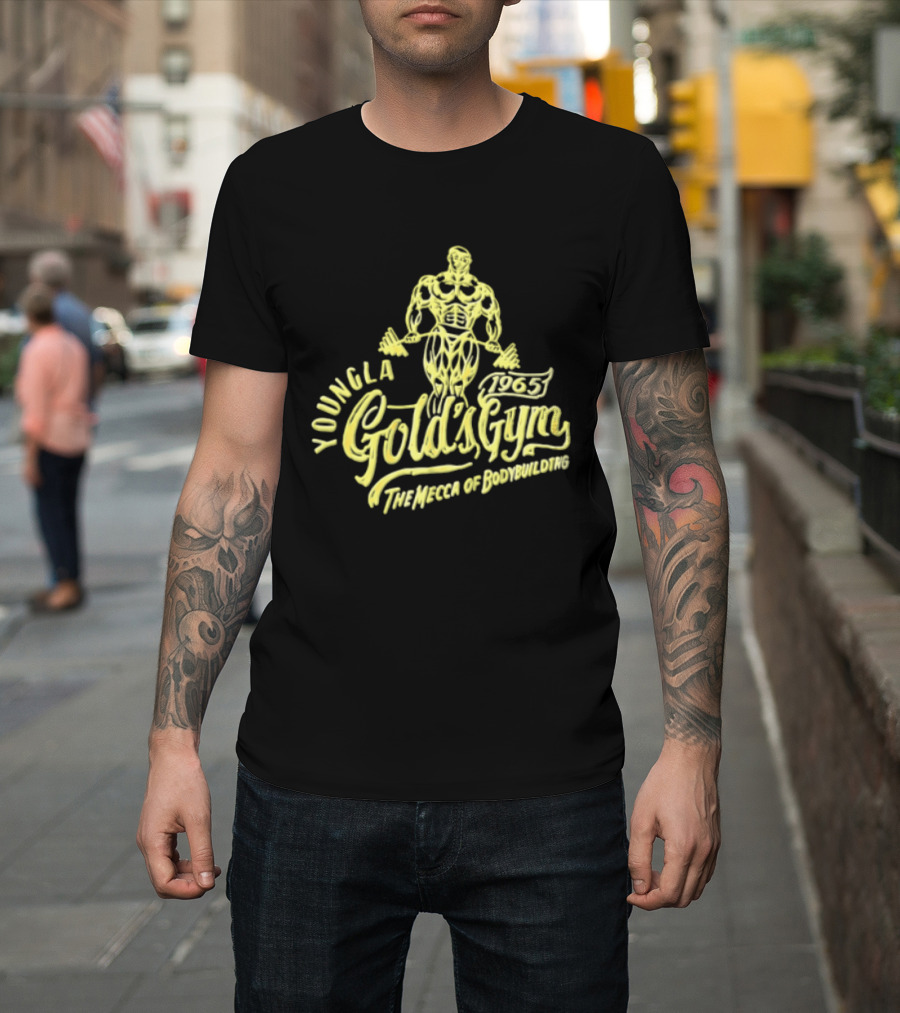Youngla Golds Gym 1965 The Mecca Of Bodybuilding Muscular Man Holding Barbell T-Shirt