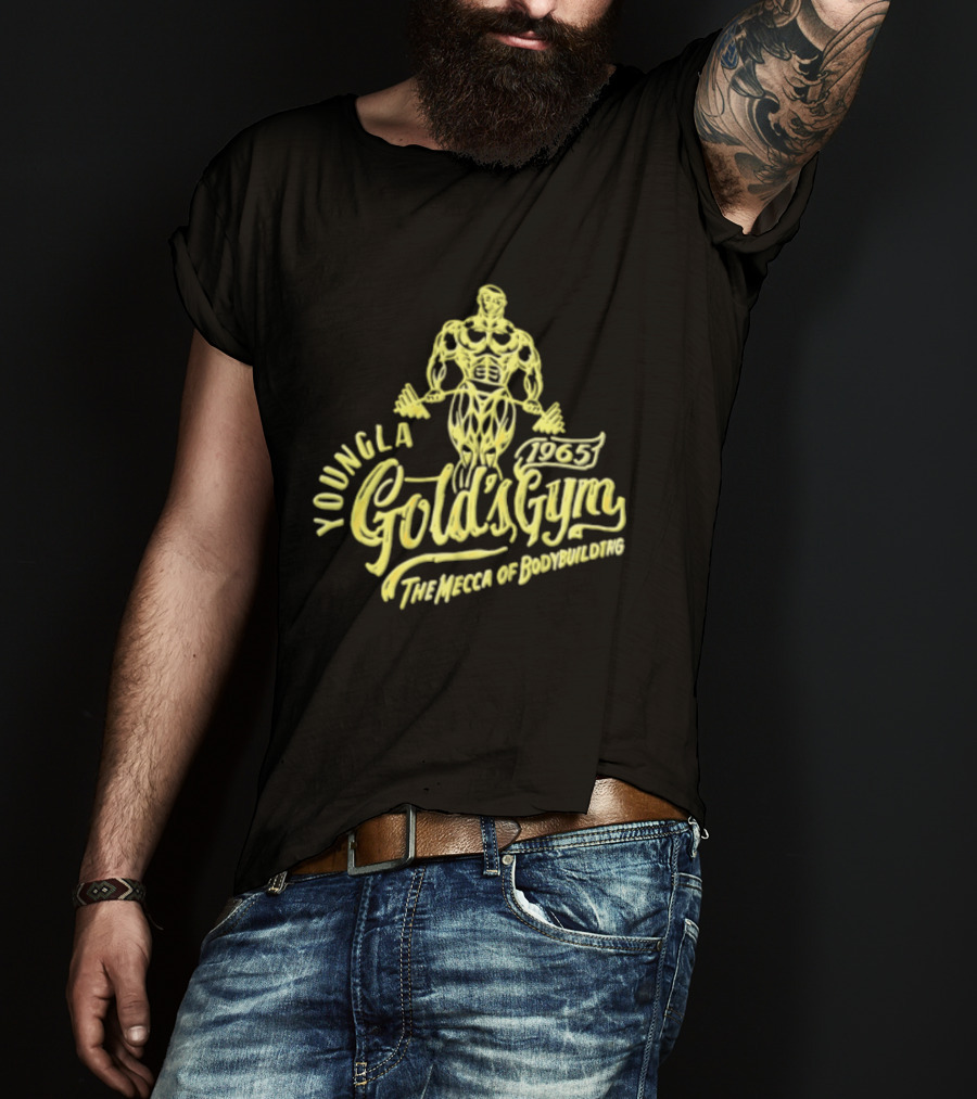 Youngla Golds Gym 1965 The Mecca Of Bodybuilding Muscular Man Holding Barbell T-Shirt