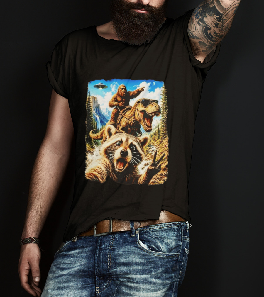 Raccoon Selfie Bigfoot Rex Adventure With UFO And Mountains T-Shirt