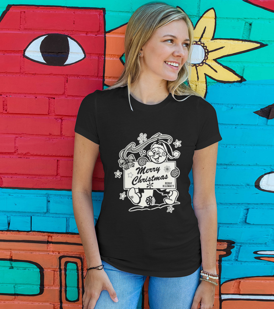 Reddy Kilowatt Merry Christmas Holiday Print Concept With Snowflakes T-Shirt