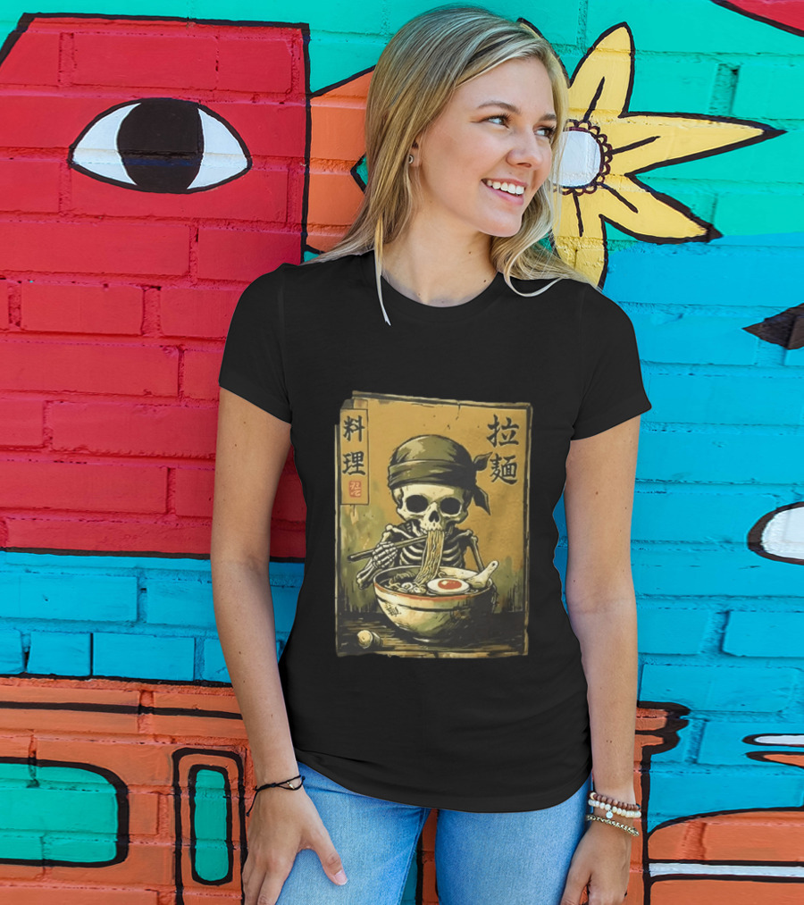 Skeleton Ramen Eating Kanji Cooking Noodles T-Shirt