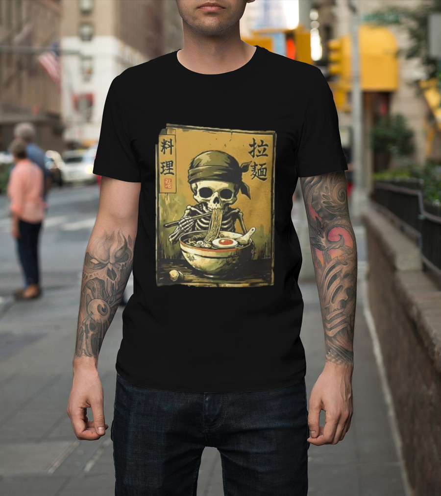 Skeleton Ramen Eating Kanji Cooking Noodles T-Shirt