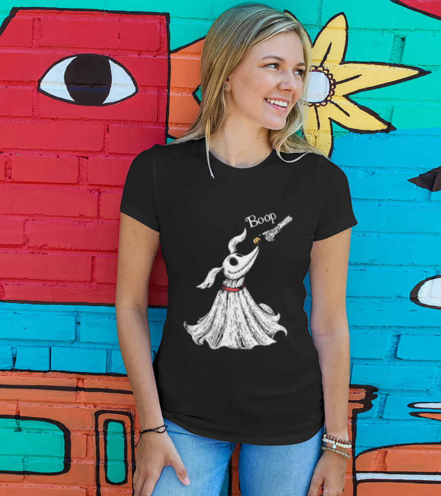 Boop Skeletal Hand Touching Pumpkin Nose With Ghostly Dog Line Sketch T-Shirt