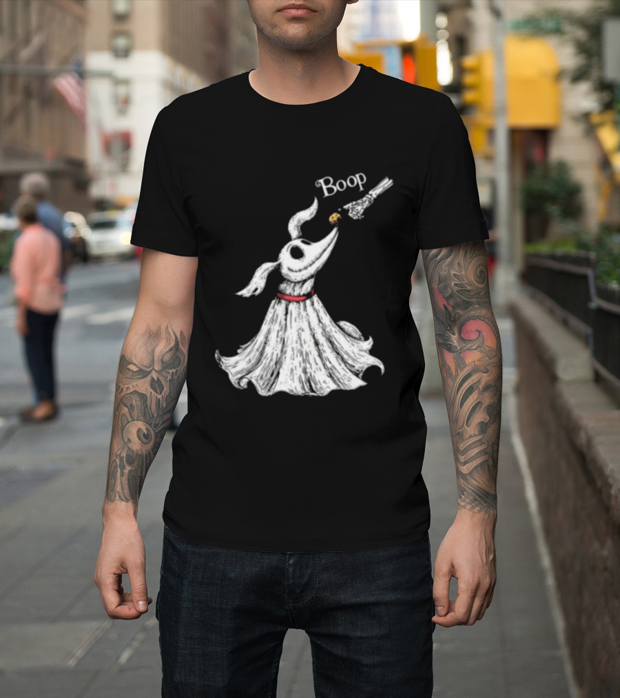 Boop Skeletal Hand Touching Pumpkin Nose With Ghostly Dog Line Sketch T-Shirt