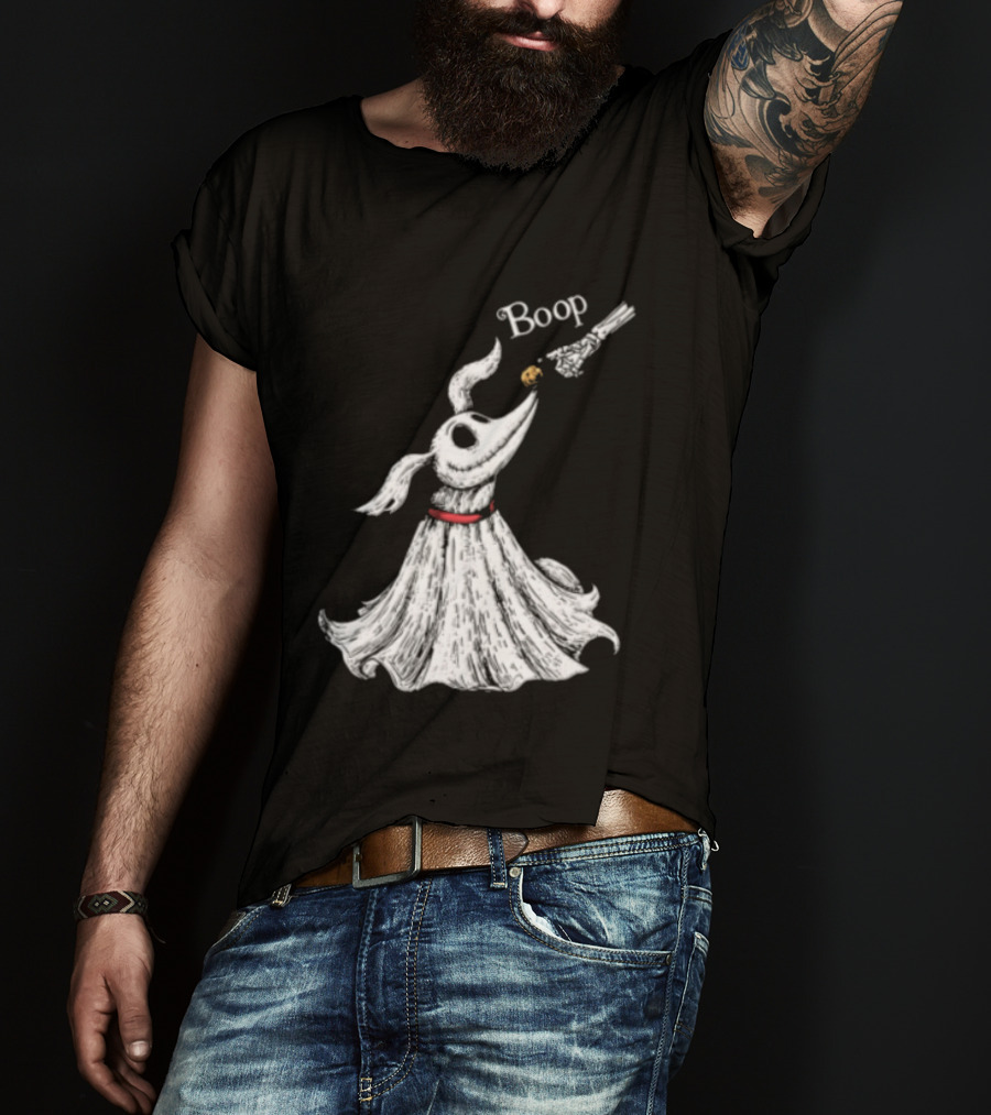 Boop Skeletal Hand Touching Pumpkin Nose With Ghostly Dog Line Sketch T-Shirt
