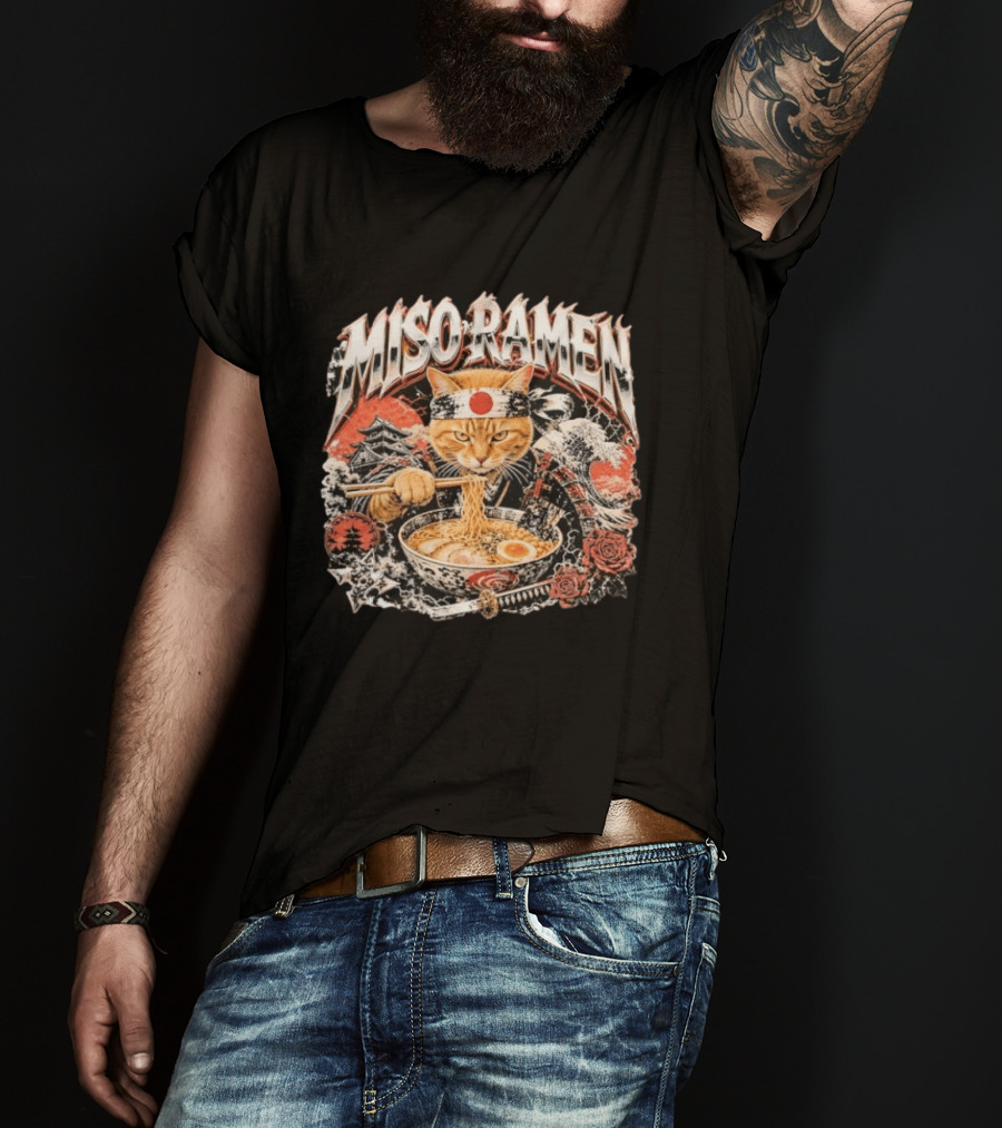 Miso Ramen Samurai Cat Japanese Foodie Bowls Japan Culture T-Shirt