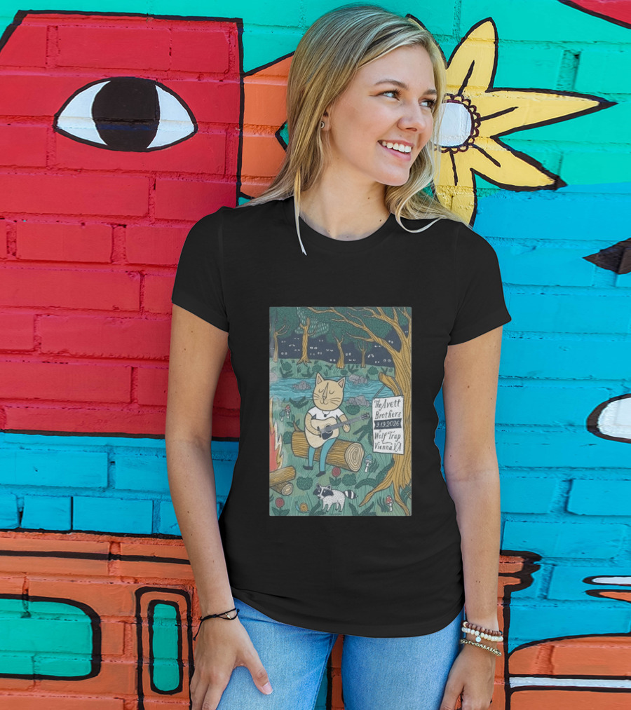 The Avett Brothers Wolf Trap Vienna Virginia 2026 Concert Cat Playing Guitar In Forest Scene T-Shirt