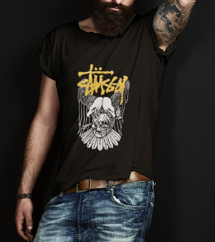 Stussy Two Headed Eagle Skull Yellow Text White Sketch T-Shirt