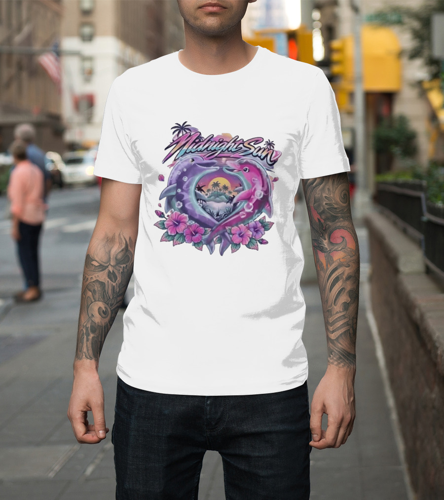 Midnight Sun Heart Dolphins Tropical Sunset T-Shirt