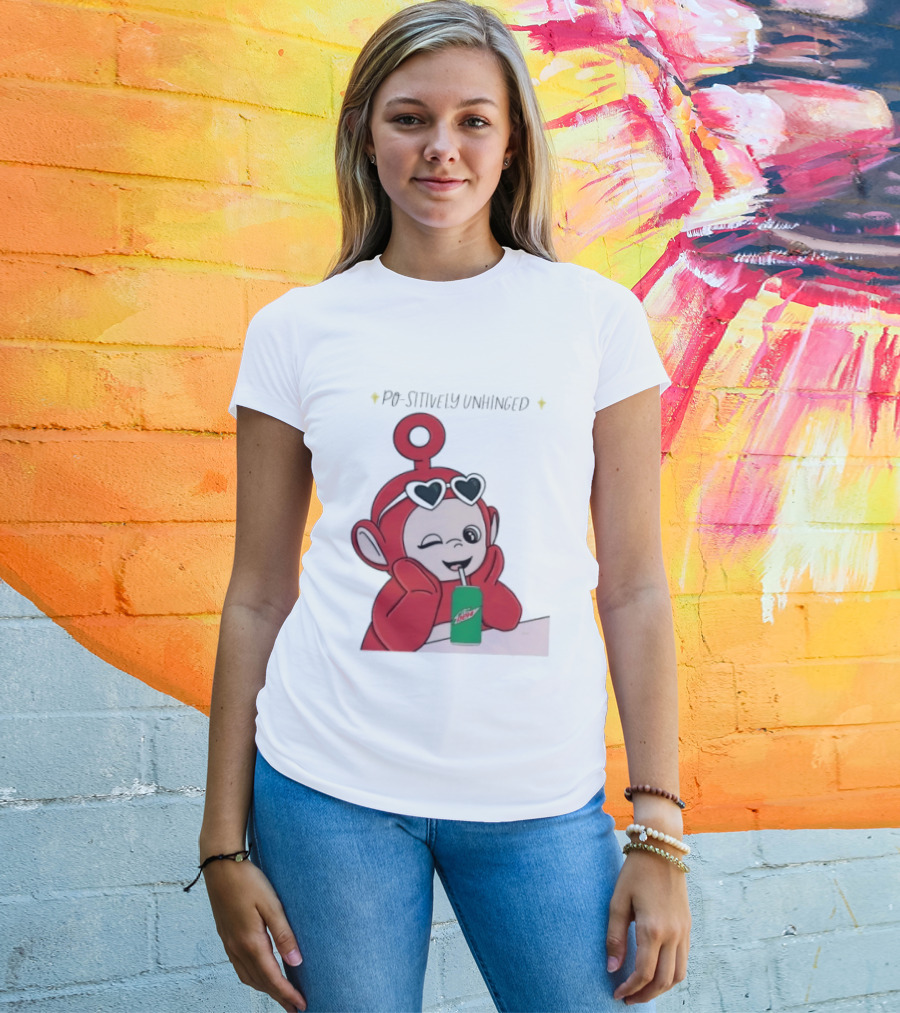 Po Sitively Unhinged Funny Red Teletubby Heart Sunglasses Drinking Mtn Dew T-Shirt
