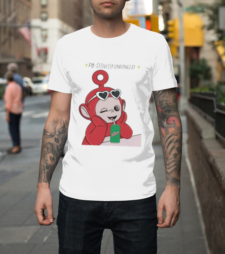 Po Sitively Unhinged Funny Red Teletubby Heart Sunglasses Drinking Mtn Dew T-Shirt