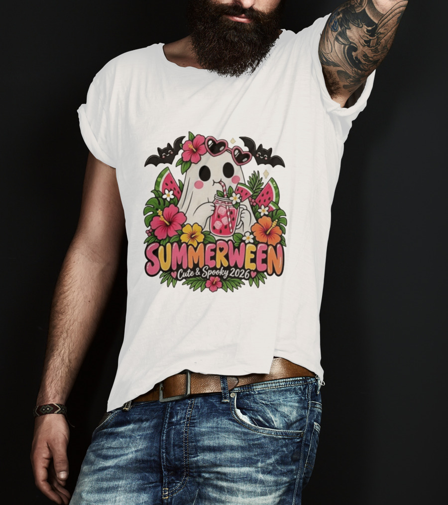Summerween Cute And Spooky 2026 Ghost With Tropical Flowers And Bats T-Shirt