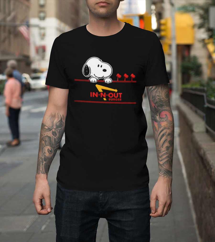 Snoopy Peeking Over In N Out Burger Red Lines With Palm Trees T-Shirt