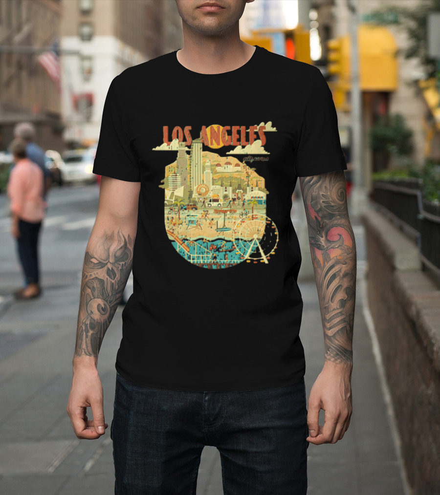 Los Angeles California Skyline Ferris Wheel And Beach Scene T-Shirt