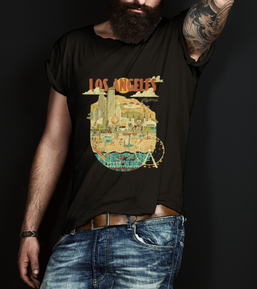 Los Angeles California Skyline Ferris Wheel And Beach Scene T-Shirt