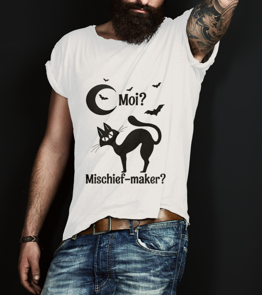 Moi Mischief Maker Black Cat Halloween Moon Bats T-Shirt