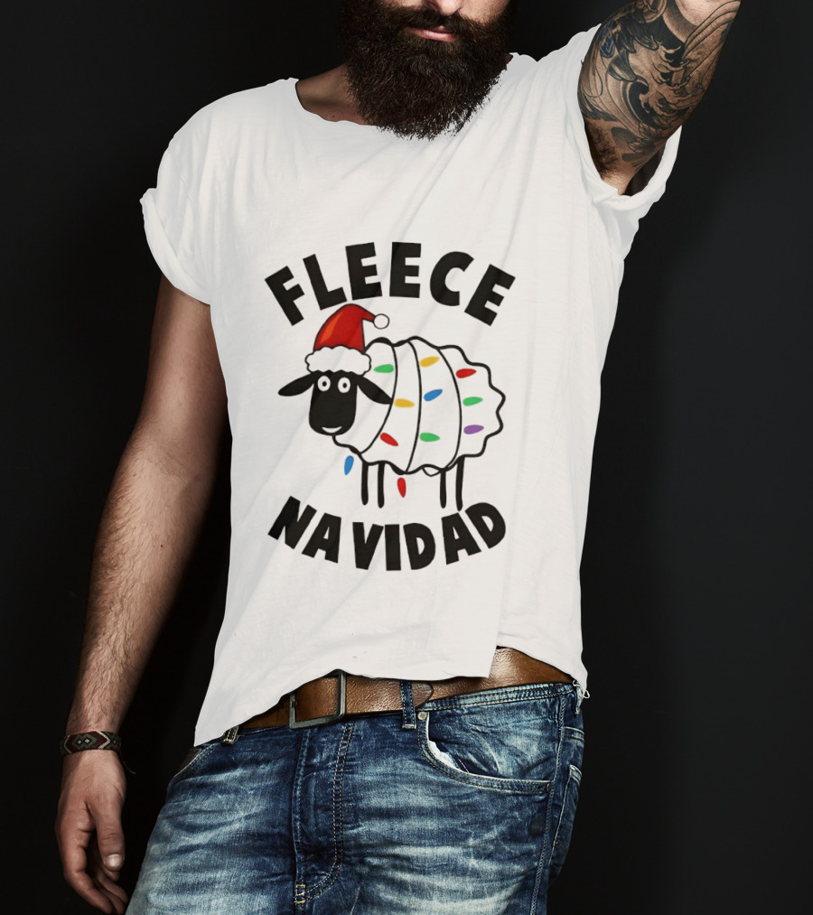 Fleece Navidad Christmas Sheep In Santa Hat With Holiday Lights Pun T-Shirt