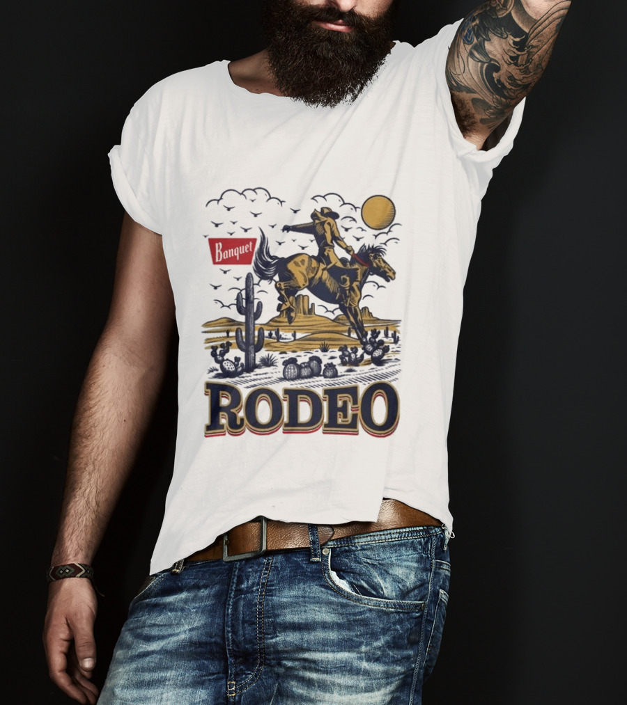Western Rodeo Cowboy Desert Scene With Cactus And Mountains T-Shirt