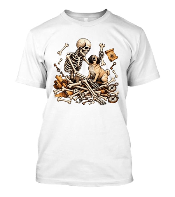 Skeleton Holding Bone With Pug Surrounded By Compass Keys And Treasure Maps T-Shirt