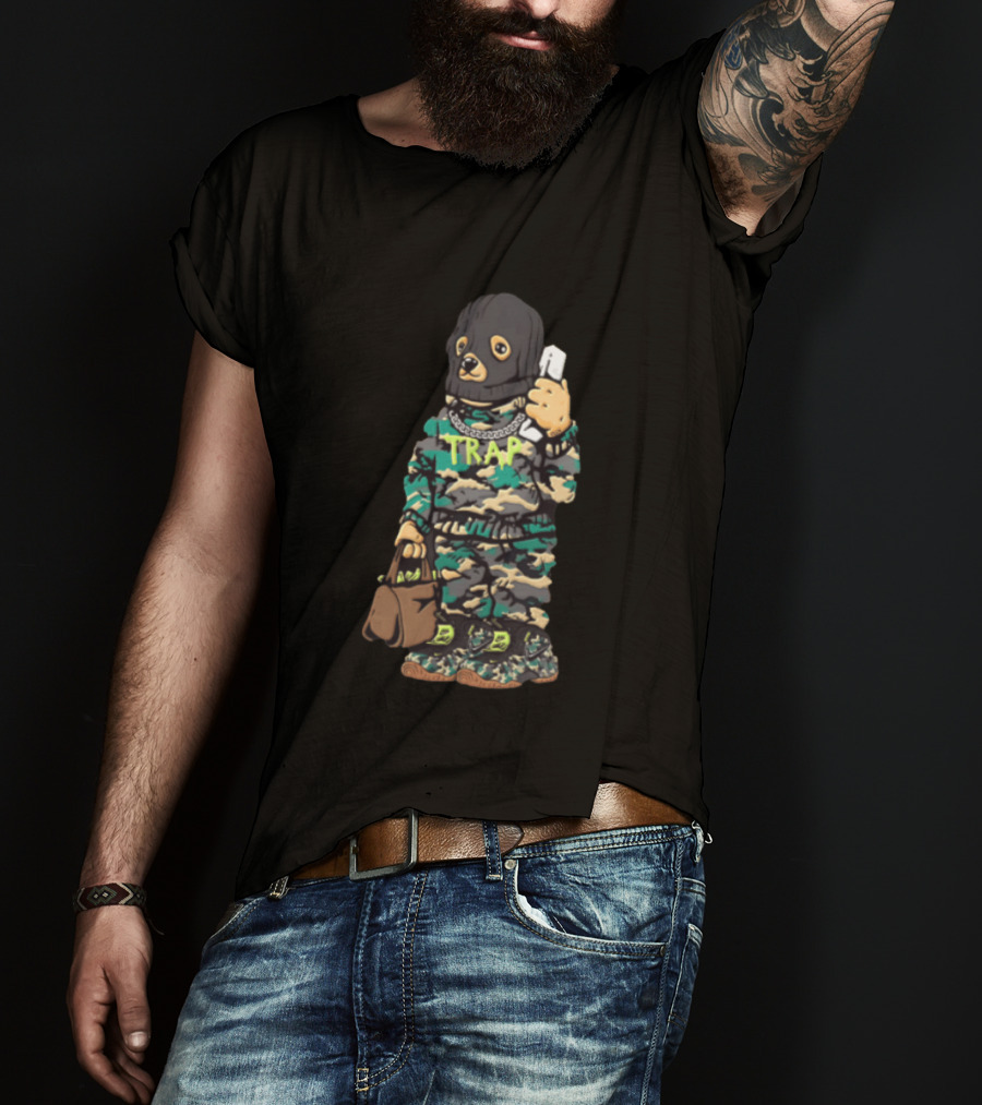 Bear Balaclava Camouflage Trap Outfit With Phone And Bag T-Shirt