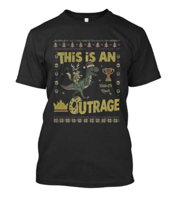 Dungeon Crawler Carl This Is An Outrage Christmas Ugly Achievement Crown Trophy Dinosaur Santa Hat T-Shirt
