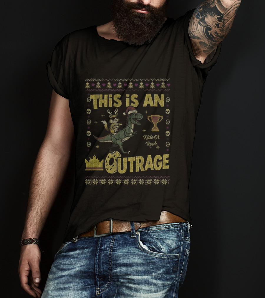 Dungeon Crawler Carl This Is An Outrage Christmas Ugly Achievement Crown Trophy Dinosaur Santa Hat T-Shirt