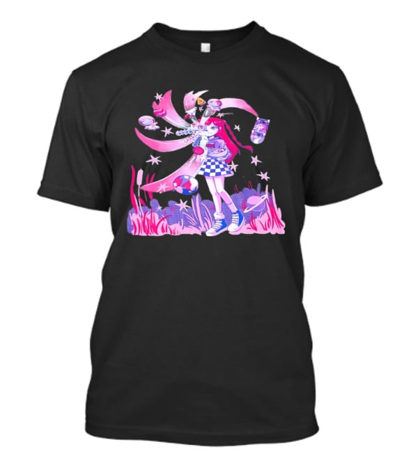 Anime Girl Space Ramen Checkered Skirt Pink Cosmic Stars T-Shirt