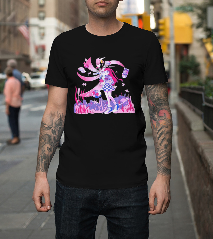 Anime Girl Space Ramen Checkered Skirt Pink Cosmic Stars T-Shirt