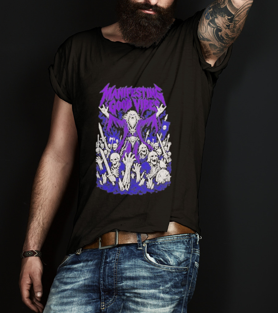 Manifesting Good Vibes Necromancer Skeleton Wizard T-Shirt