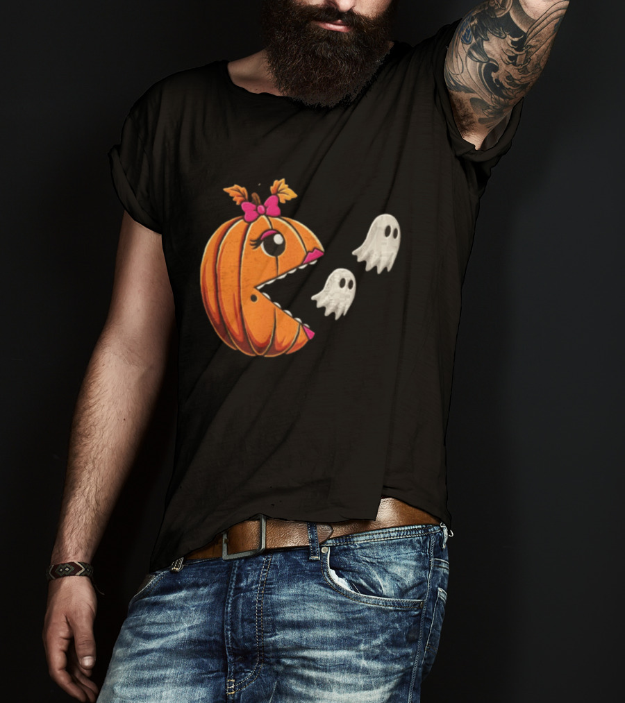 Ms Pac Man Pumpkin Shape Halloween Ghosts T-Shirt