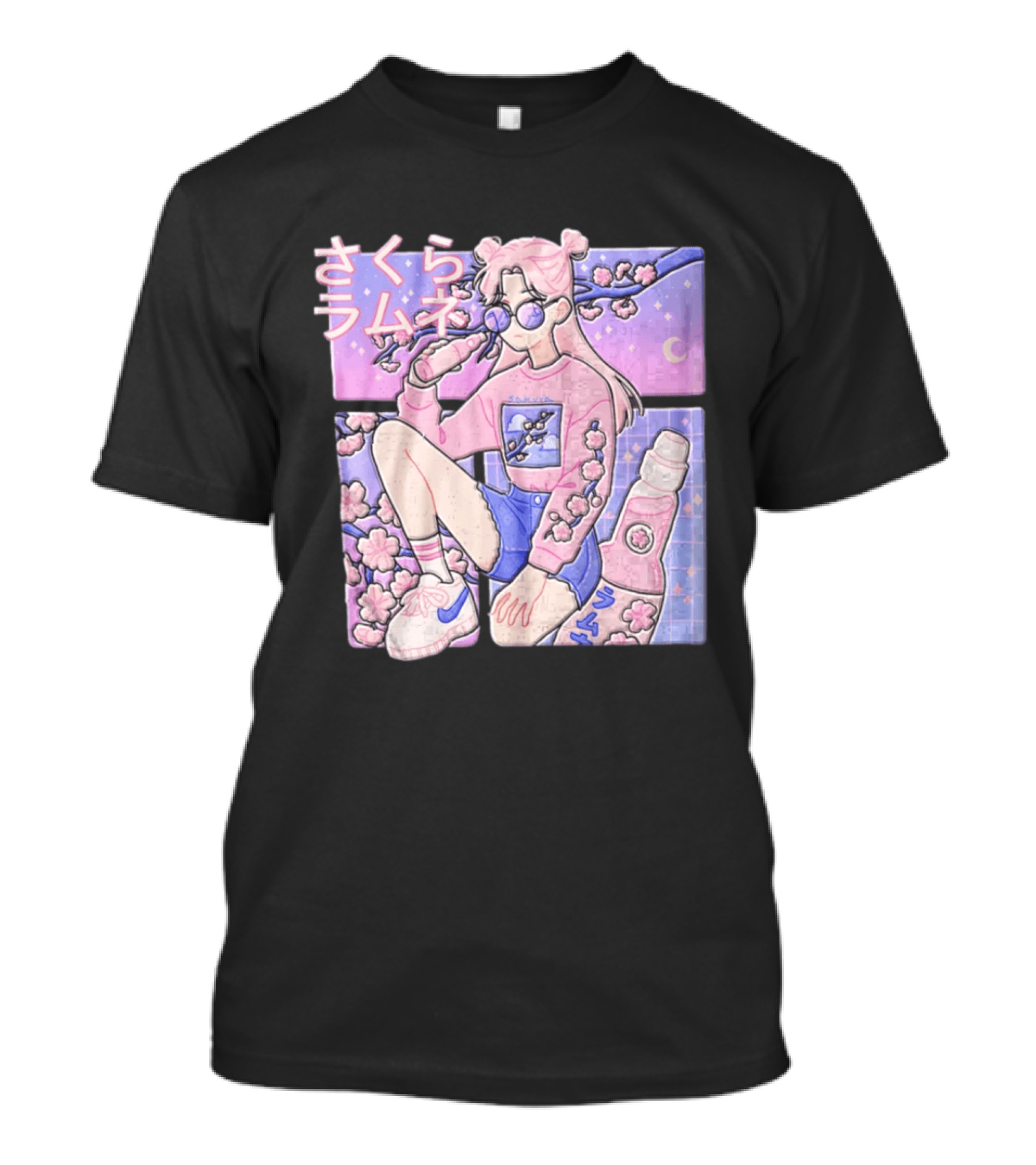 Anime Girl Drinking Pink Soda Sakura Blossoms Pastel Aesthetic T-Shirt