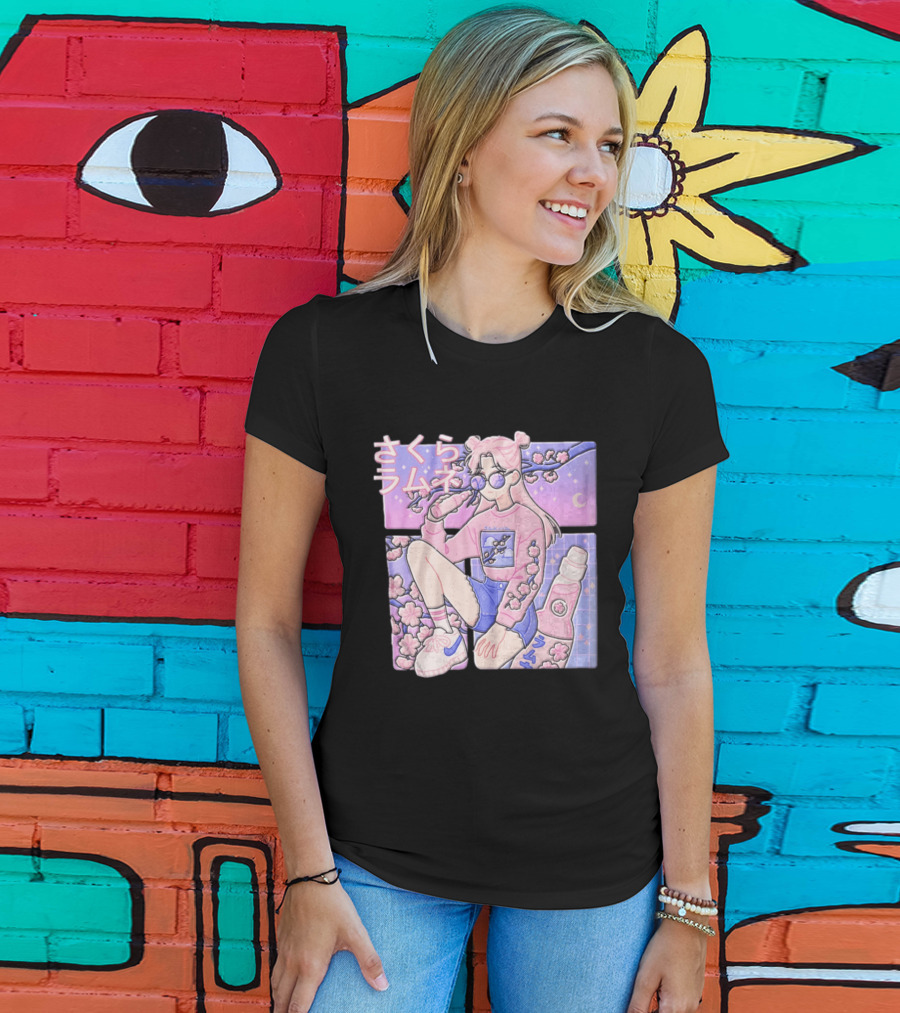 Anime Girl Drinking Pink Soda Sakura Blossoms Pastel Aesthetic T-Shirt