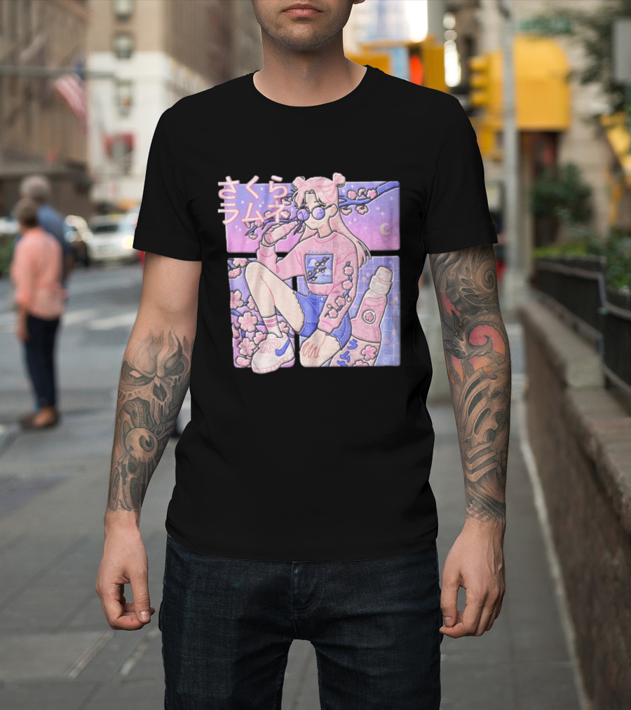 Anime Girl Drinking Pink Soda Sakura Blossoms Pastel Aesthetic T-Shirt