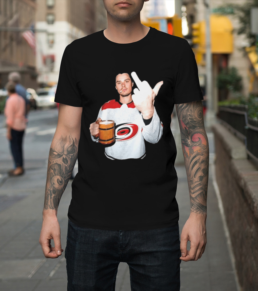 Sebastian Aho Carolina Hurricanes Wooden Beer Middle Finger Gesture T-Shirt