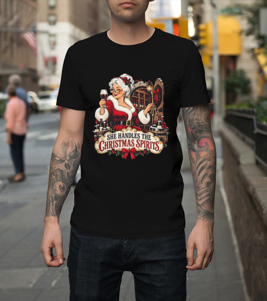 She Handles The Christmas Spirits Woman With Wine Glass In Festive Wine Cellar Scene T-Shirt