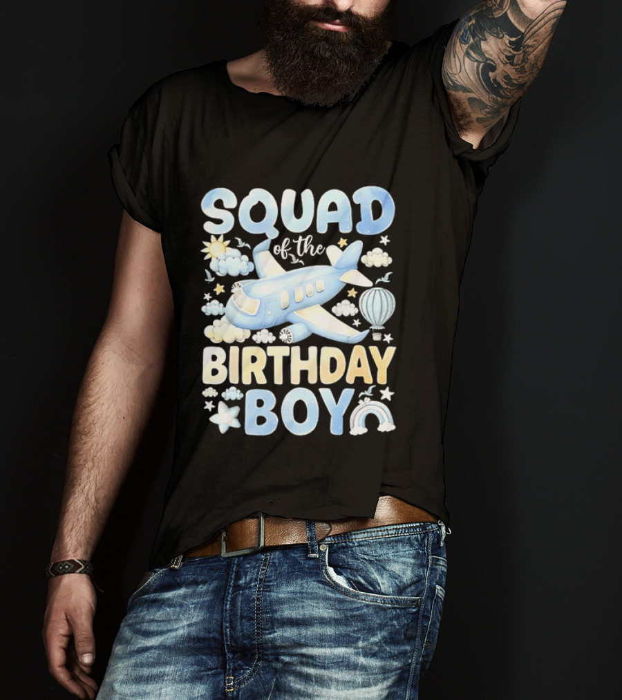 Squad Of The Birthday Boy Airplane Cloud Adventure With Stars And Balloons T-Shirt