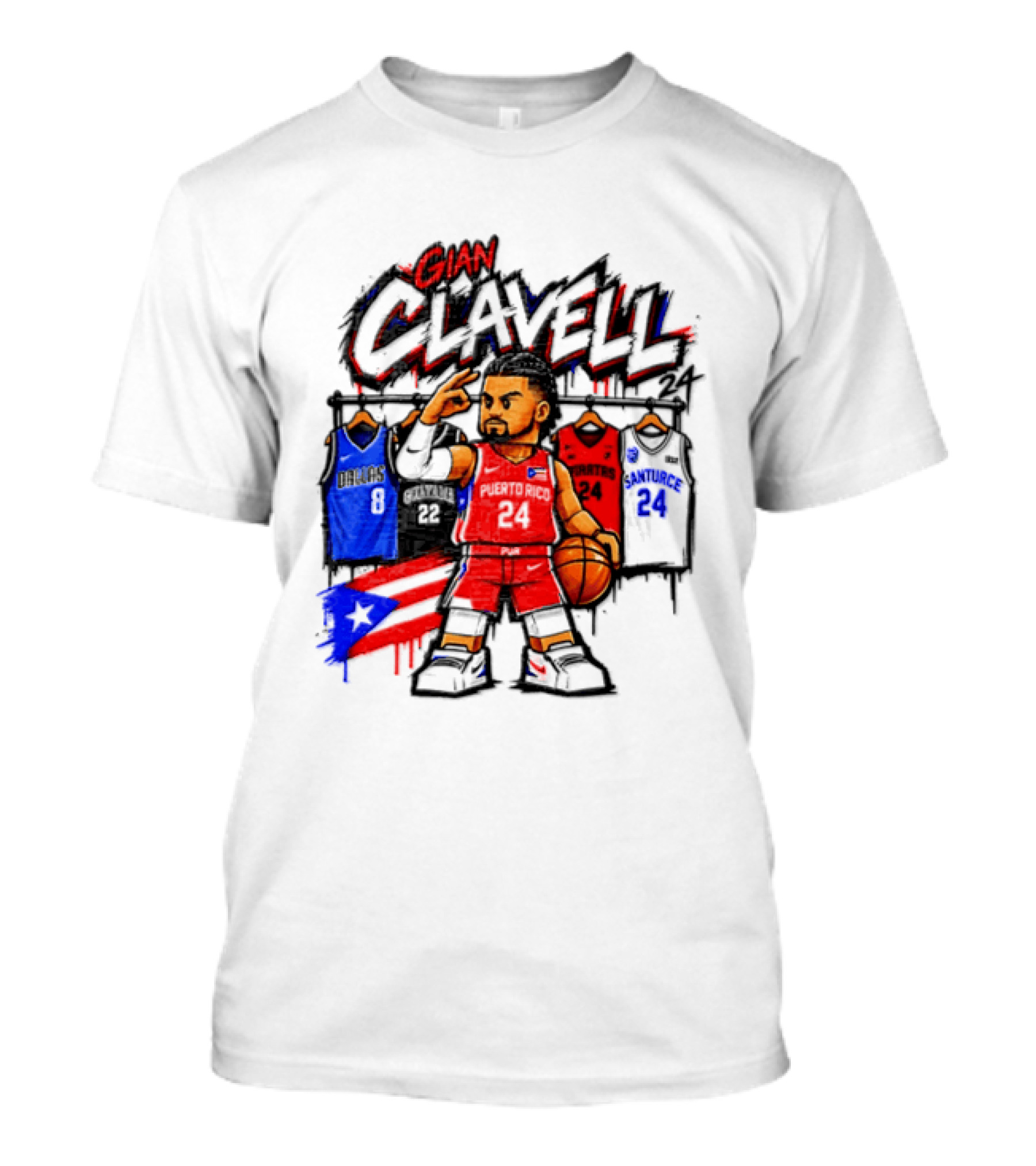 Gian Clavell Puerto Rico Basketball Cartoon With Jersey Collection And Flag T-Shirt
