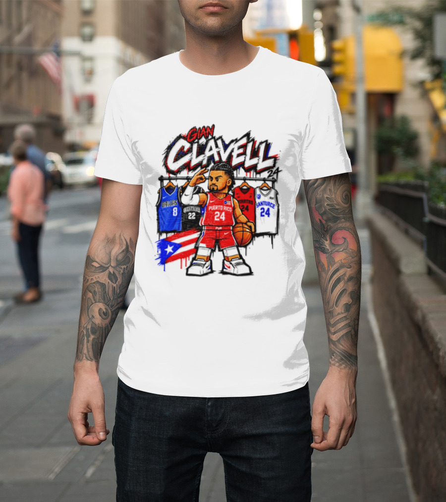 Gian Clavell Puerto Rico Basketball Cartoon With Jersey Collection And Flag T-Shirt