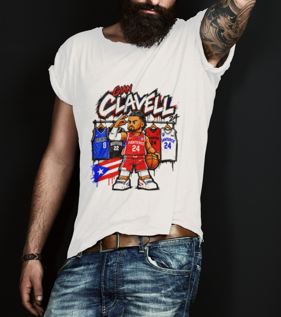Gian Clavell Puerto Rico Basketball Cartoon With Jersey Collection And Flag T-Shirt