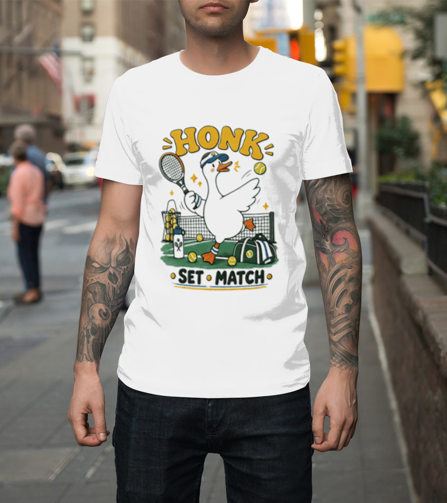 Honk Set Match Duck Playing Tennis Cartoon T-Shirt