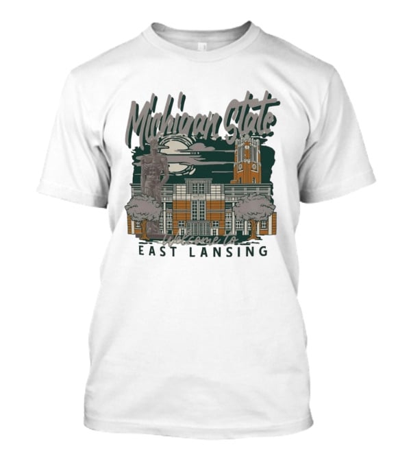 Michigan State University Welcome To East Lansing Scenic Campus Architecture And Famous Spartan Statue T-Shirt