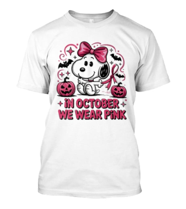 In October We Wear Pink Snoopy Peanuts Halloween Bow Pumpkins Bats T-Shirt