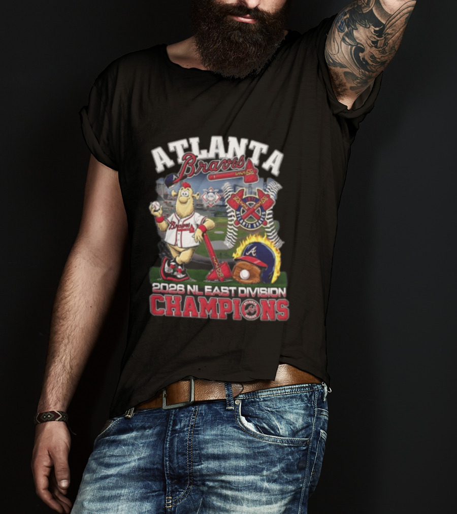 Atlanta Braves 2026 NL East Division Champions Stadium With Mascot And Baseball Bat T-Shirt