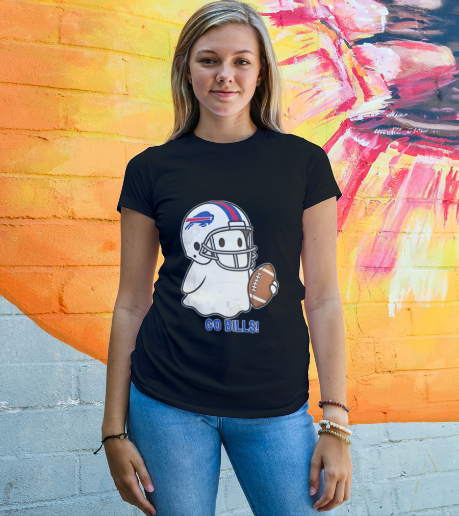 Buffalo Bills Ghost GO BILLS Football Helmet Holding Ball T-Shirt